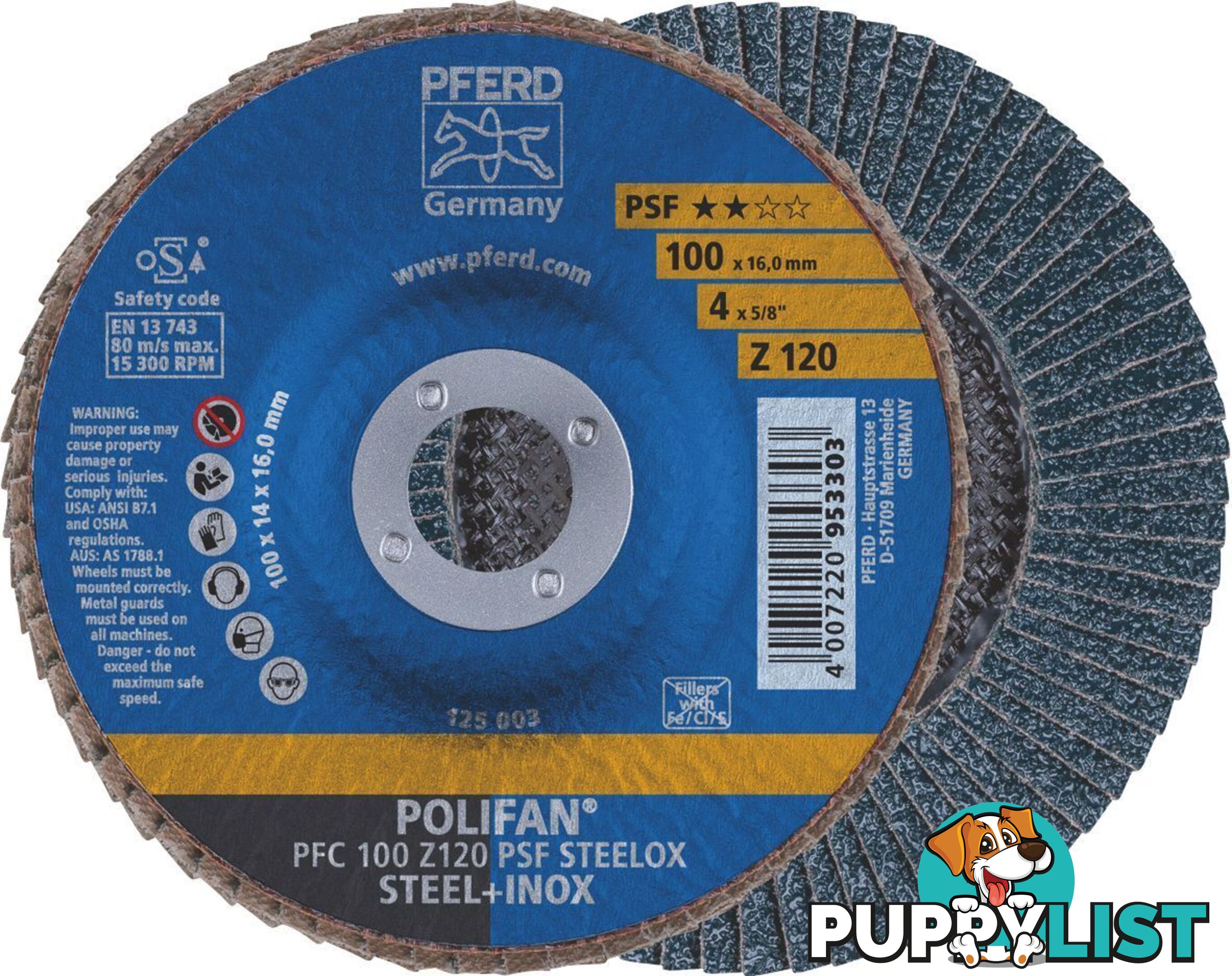 Flap Disc Polifan 100mm 4" 120g Gp Zirconia Inox Pferd 67769100 Pack Of 5