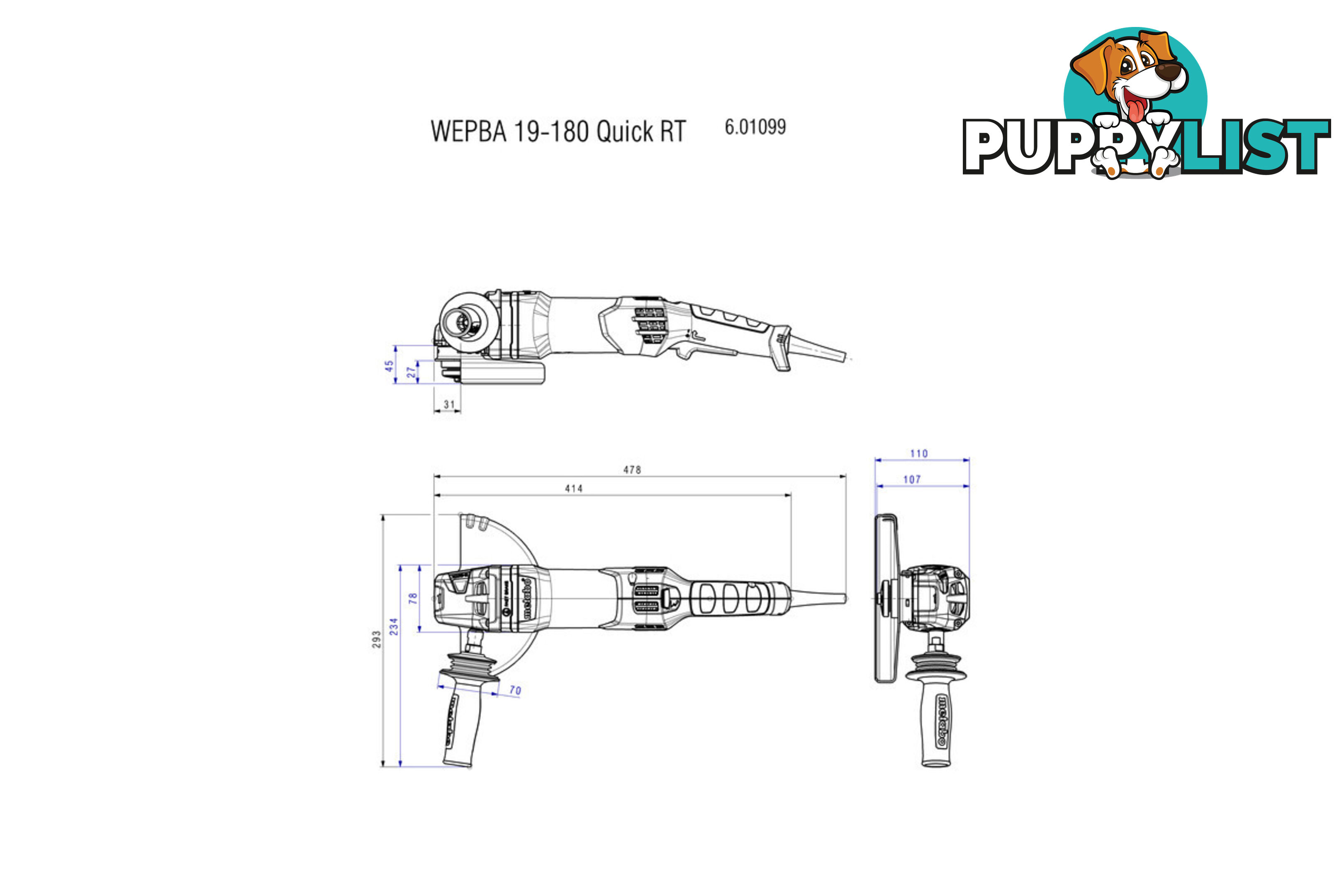 Angle Grinder 7" 180mm WEPBA 19-180 Quick RT Metabo 601099000