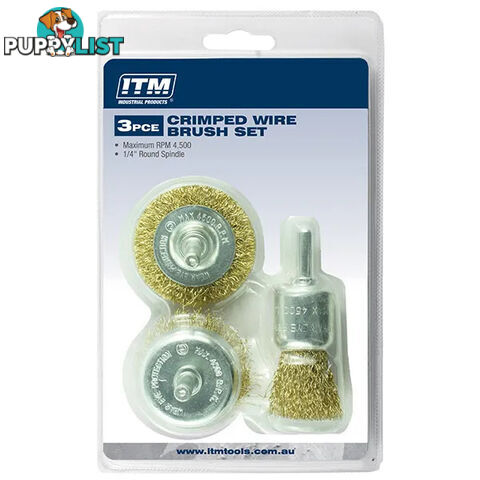 Crimped Wire Brush Kit 3 Piece -50mm Wheel Brush, 50mm Cup Brush And 25mm End Brush ITM TM7016-003