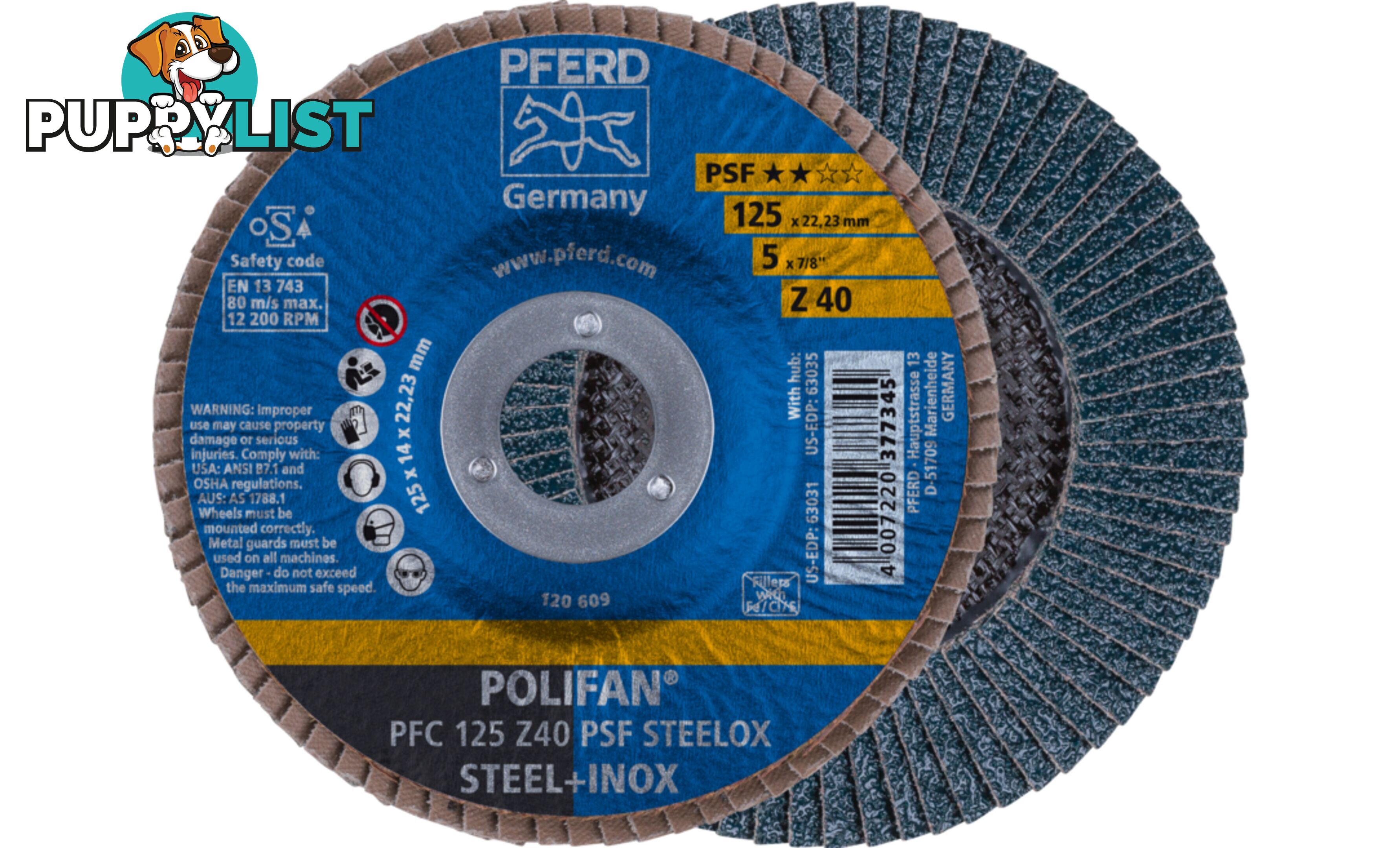 Polifan Flap Disc 125mm 5" 40G GP Zirconia Inox Pferd 67770124 Each