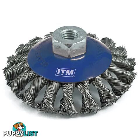 Twist Knot Bevel Brush Steel 100mm With Multi Bore Thread Adaptors ITM TM7002-110