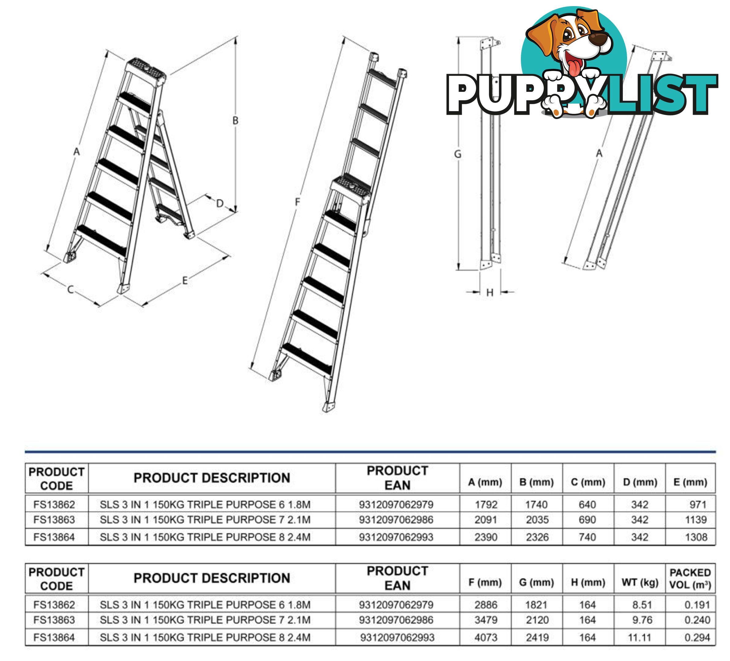 Aluminium Ladder 1.8 Metres Multipurpose Step/Leaning/Straight Bailey FS13862