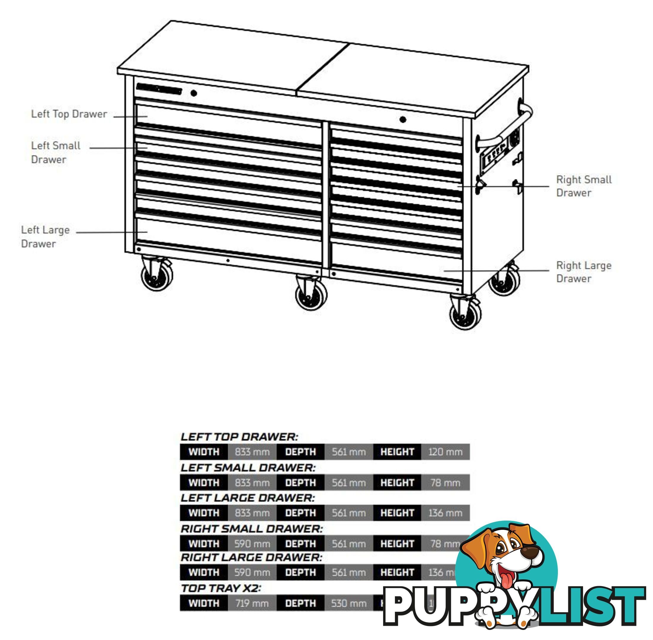 TRADE CENTRE Mobile Bench Twin Lid 13 Drawer (Trolley Only) Kincrome K7371