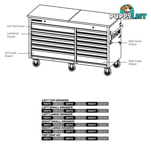 TRADE CENTRE Mobile Bench Twin Lid 13 Drawer (Trolley Only) Kincrome K7371