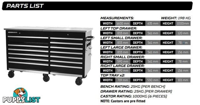 TRADE CENTRE Mobile Bench Twin Lid 13 Drawer (Trolley Only) Kincrome K7371