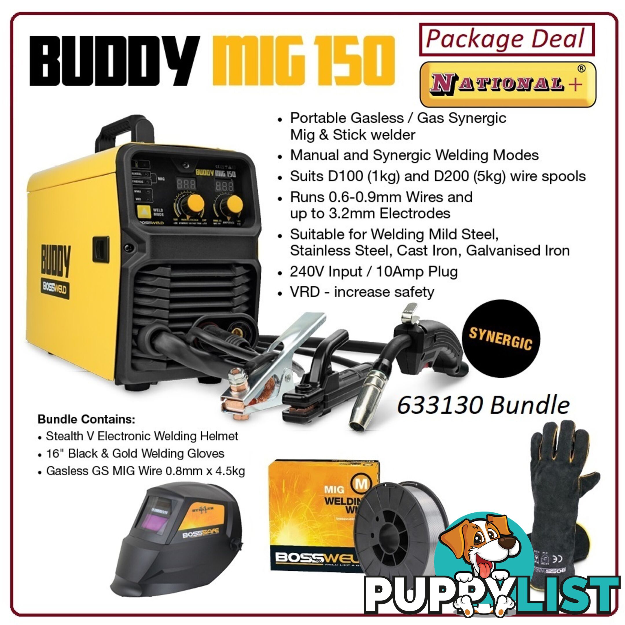 Buddy-Mig 150 Gas/Gasless Mig/Arc welder Package Deal Bossweld 633130Bundle