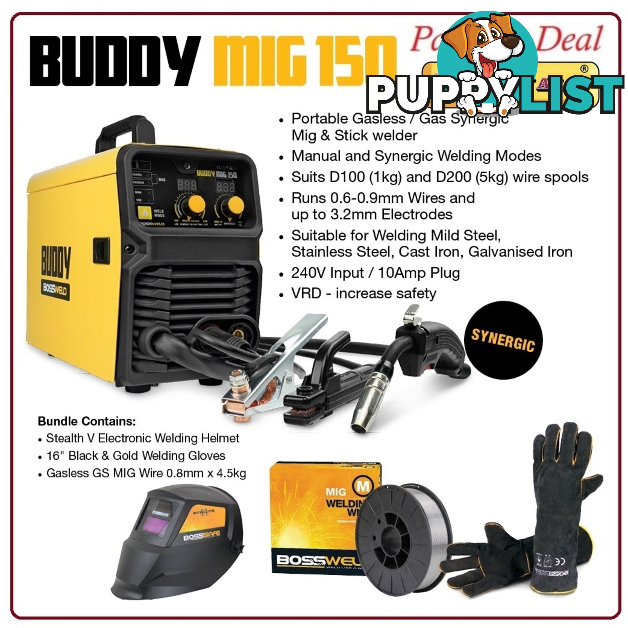 Buddy-Mig 150 Gas/Gasless Mig/Arc welder Package Deal Bossweld 633130Bundle