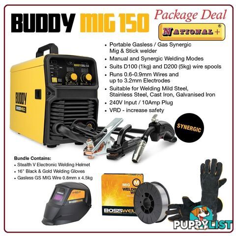 Buddy-Mig 150 Gas/Gasless Mig/Arc welder Package Deal Bossweld 633130Bundle