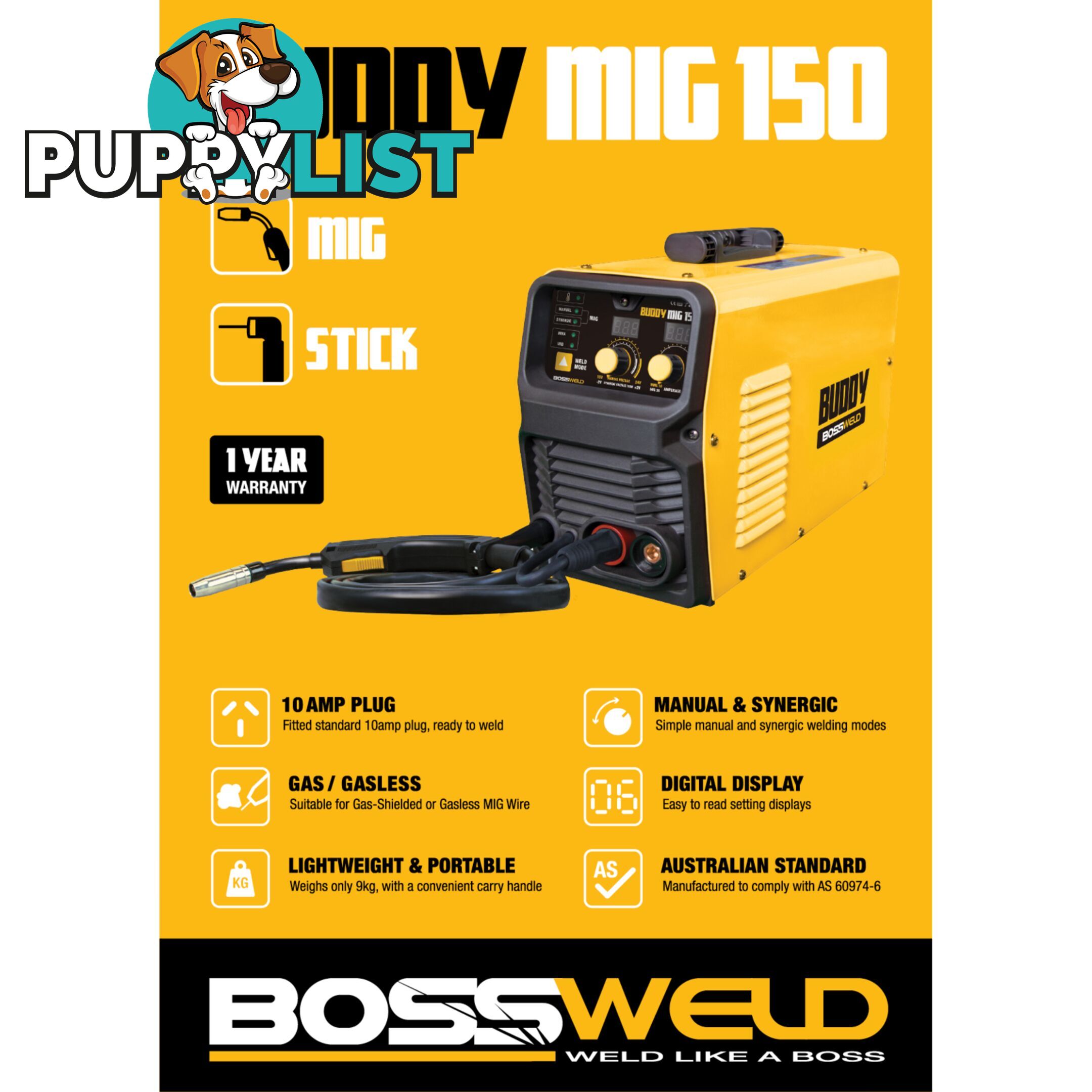 Buddy-Mig 150 Gas/Gasless Mig/Arc welder Package Deal Bossweld 633130Bundle