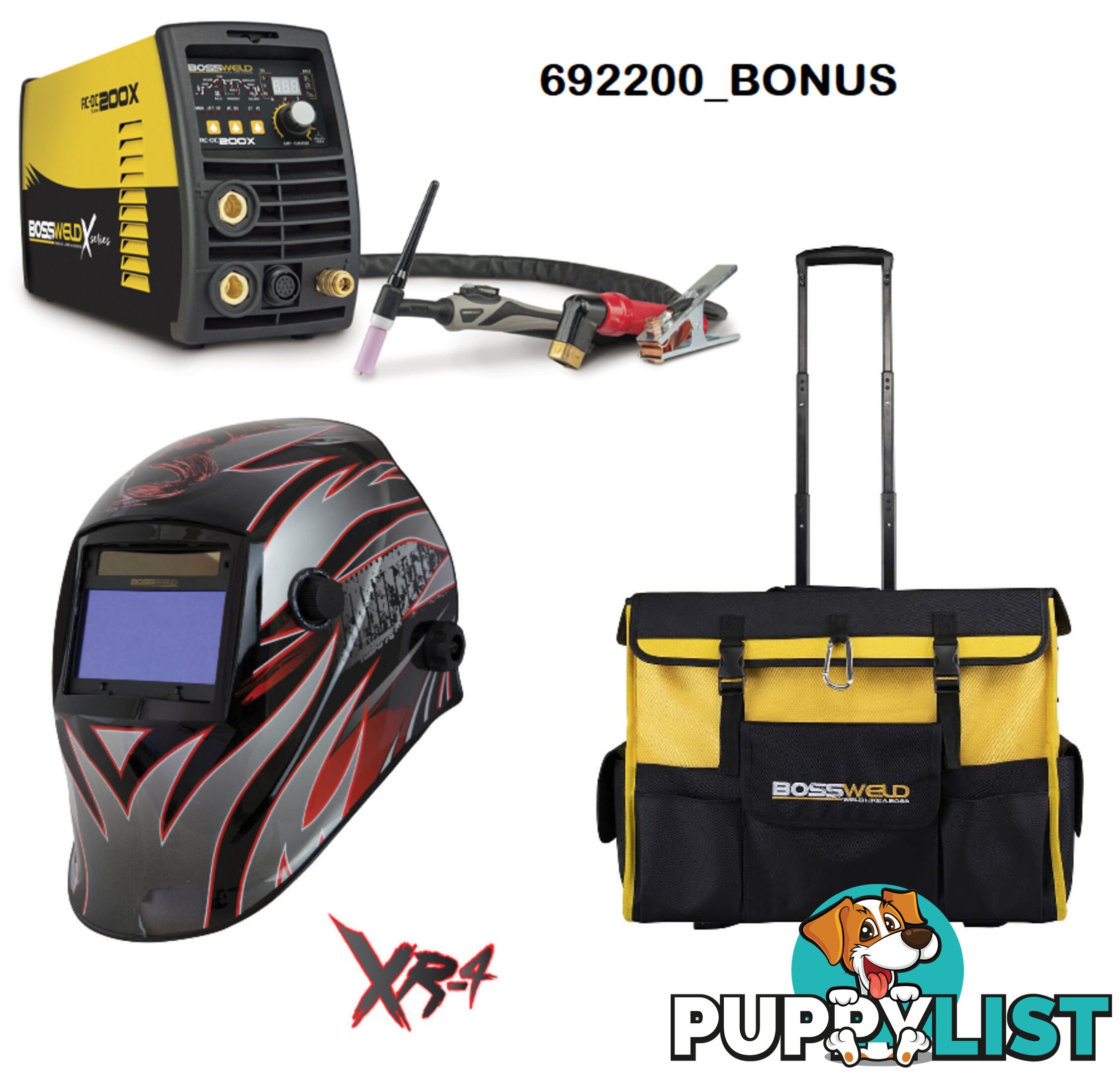 Tig Welder 200X AC/DC With XR-4 Welding Helmet and Welders Roller Bag Bossweld 692200_BONUS