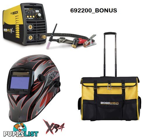 Tig Welder 200X AC/DC With XR-4 Welding Helmet and Welders Roller Bag Bossweld 692200_BONUS