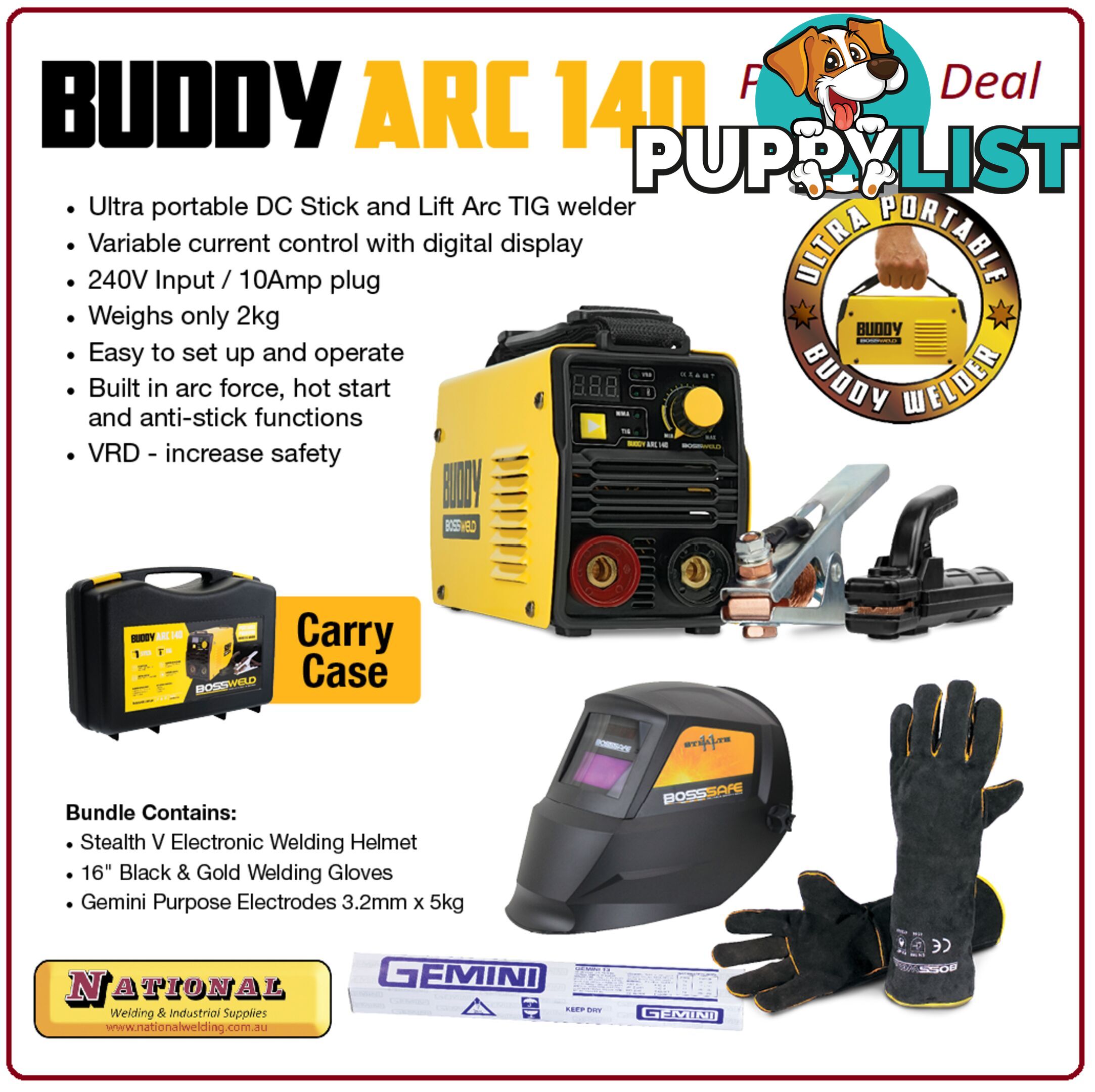 Buddy-Arc 140 DC Stick / Lift Tig welder Package Deal Bossweld 633110BUNDLE