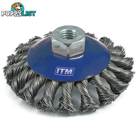 Twist Knot Bevel Brush Stainless Steel 100mm with Multi Bore Thread Adaptors ITM TM7002-210