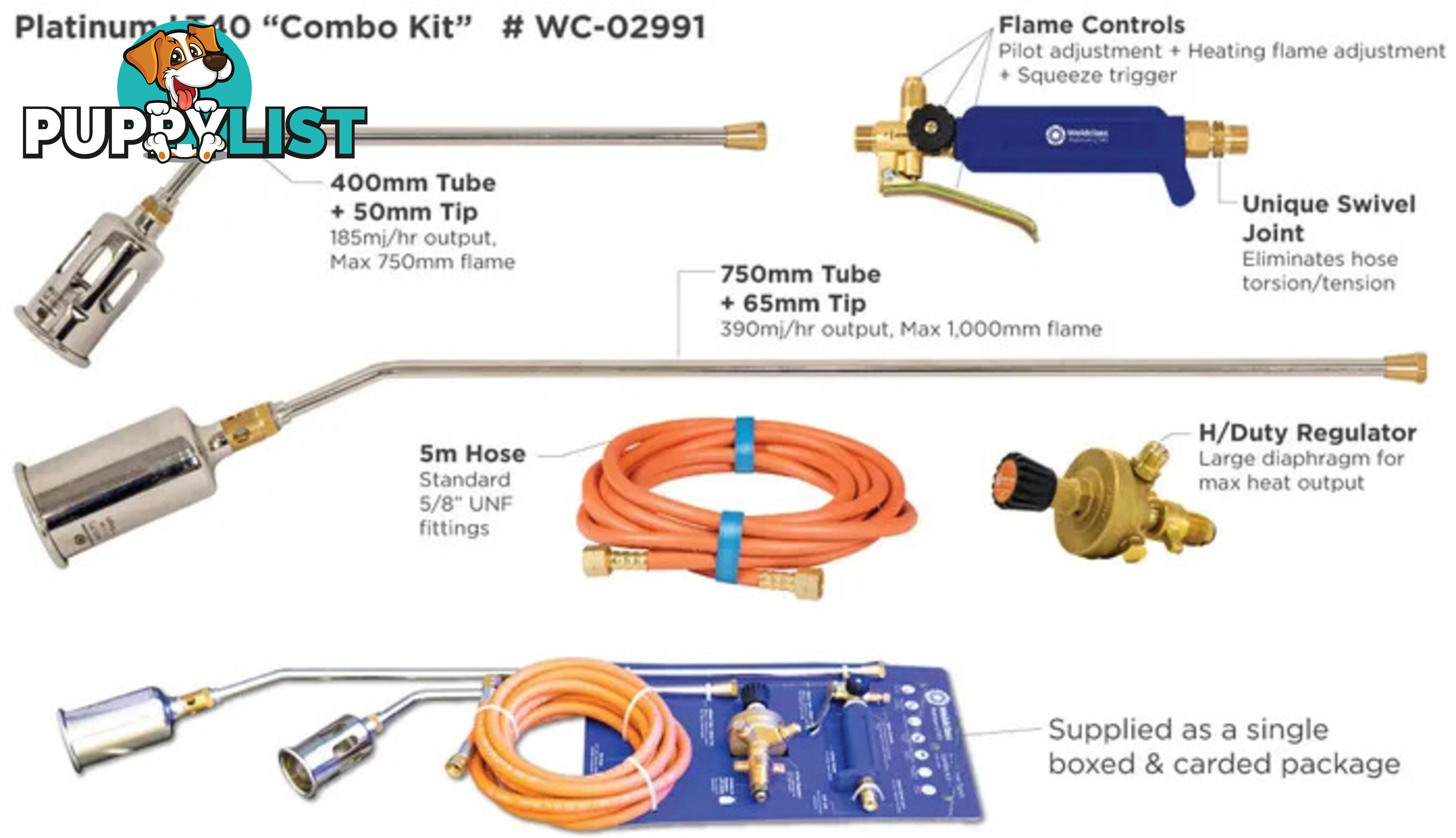 LPG Burner Torch Combo Kit Handle, 400/700mm Tube, 5 Metres Hose Weldclass WC-02991