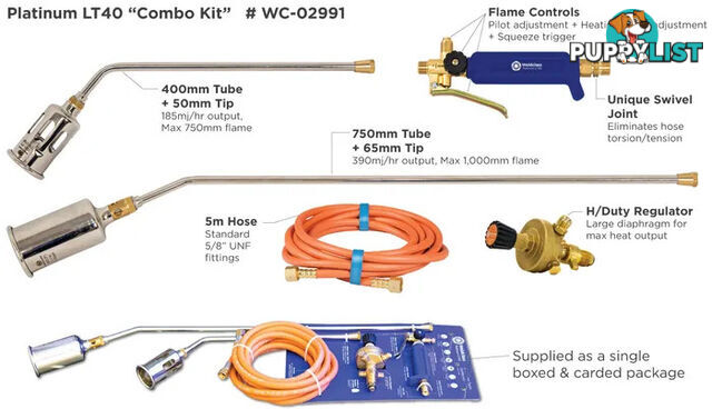 LPG Burner Torch Combo Kit Handle, 400/700mm Tube, 5 Metres Hose Weldclass WC-02991