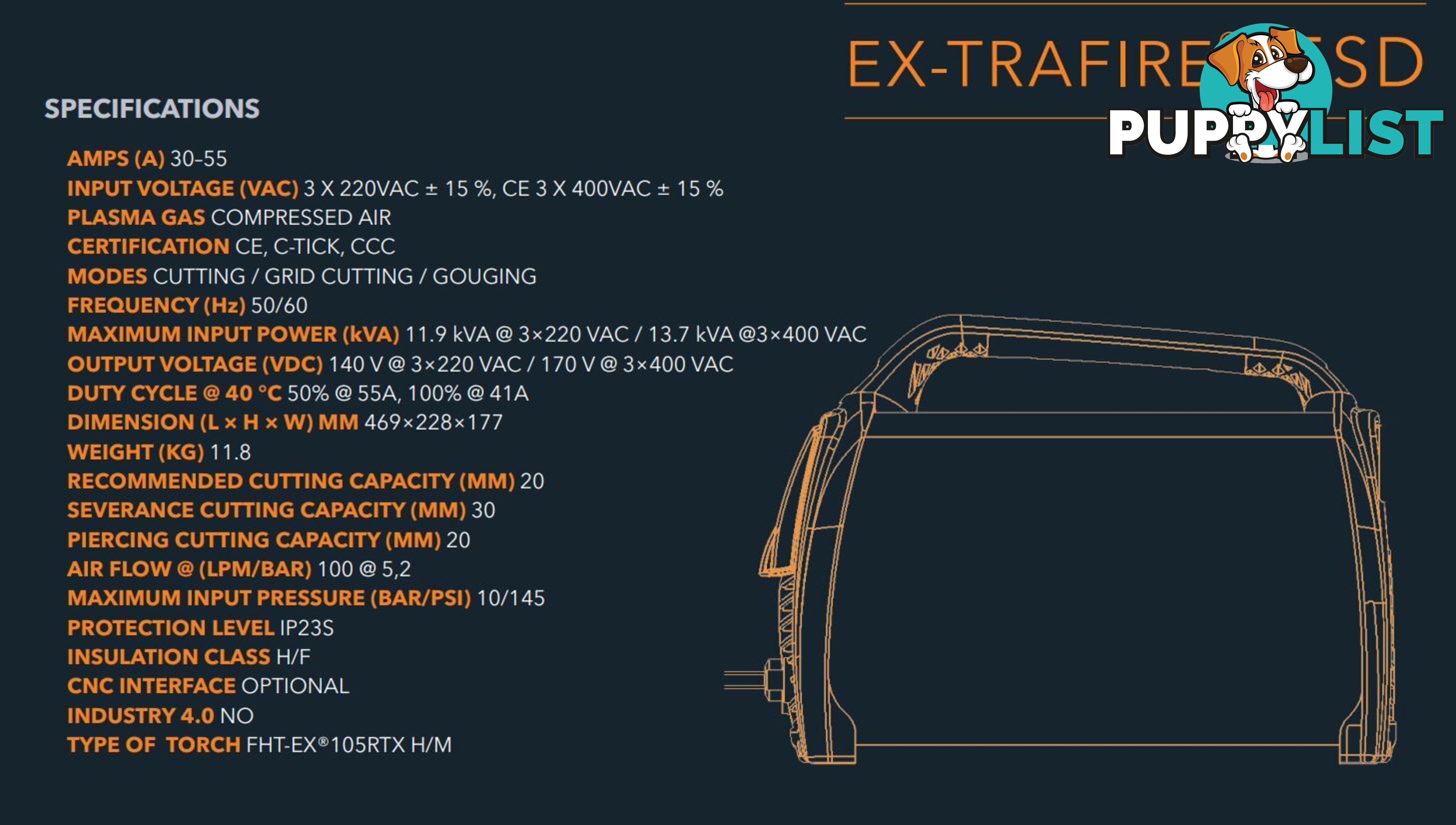 Plasma Cutter 55SD With 8 Metre Hand Held Torch Ex-Trafire EX55SD-H8M