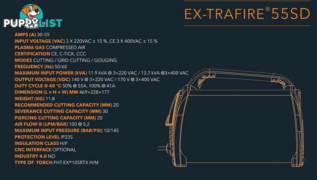Plasma Cutter 55SD With 8 Metre Hand Held Torch Ex-Trafire EX55SD-H8M