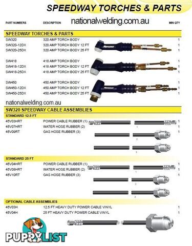 Speedway Water Cooled TIG Torch 320 Amps 7.6m 25FT with Switch & Connector SW320-25DXSW