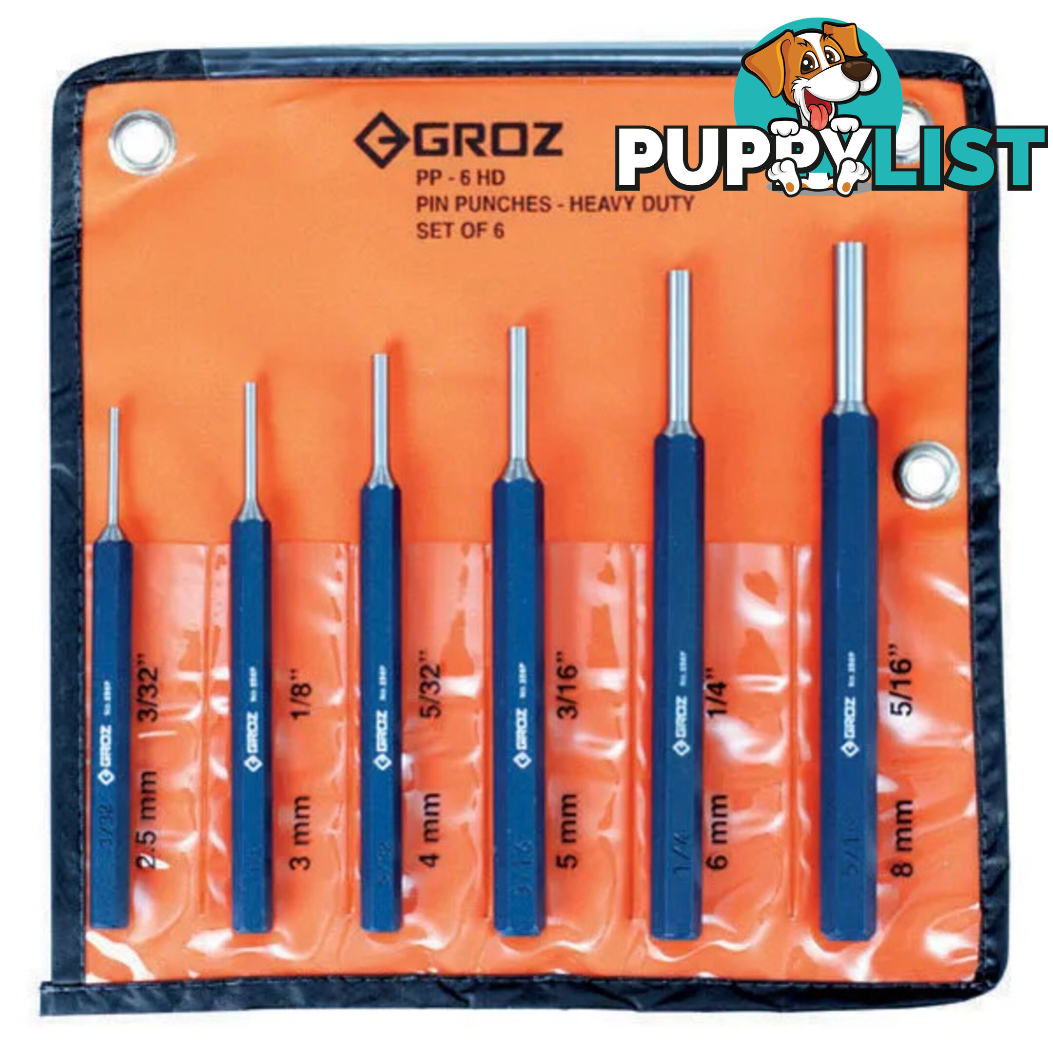 Groz Heavy Duty Pin Punch Set Hex Shank 6 Piece GZ-25612