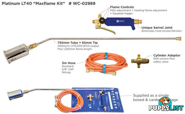 LPG Burner Torch Kit Maxflame 750mm Tube 3 Metres Hose Weldclass WC-02989