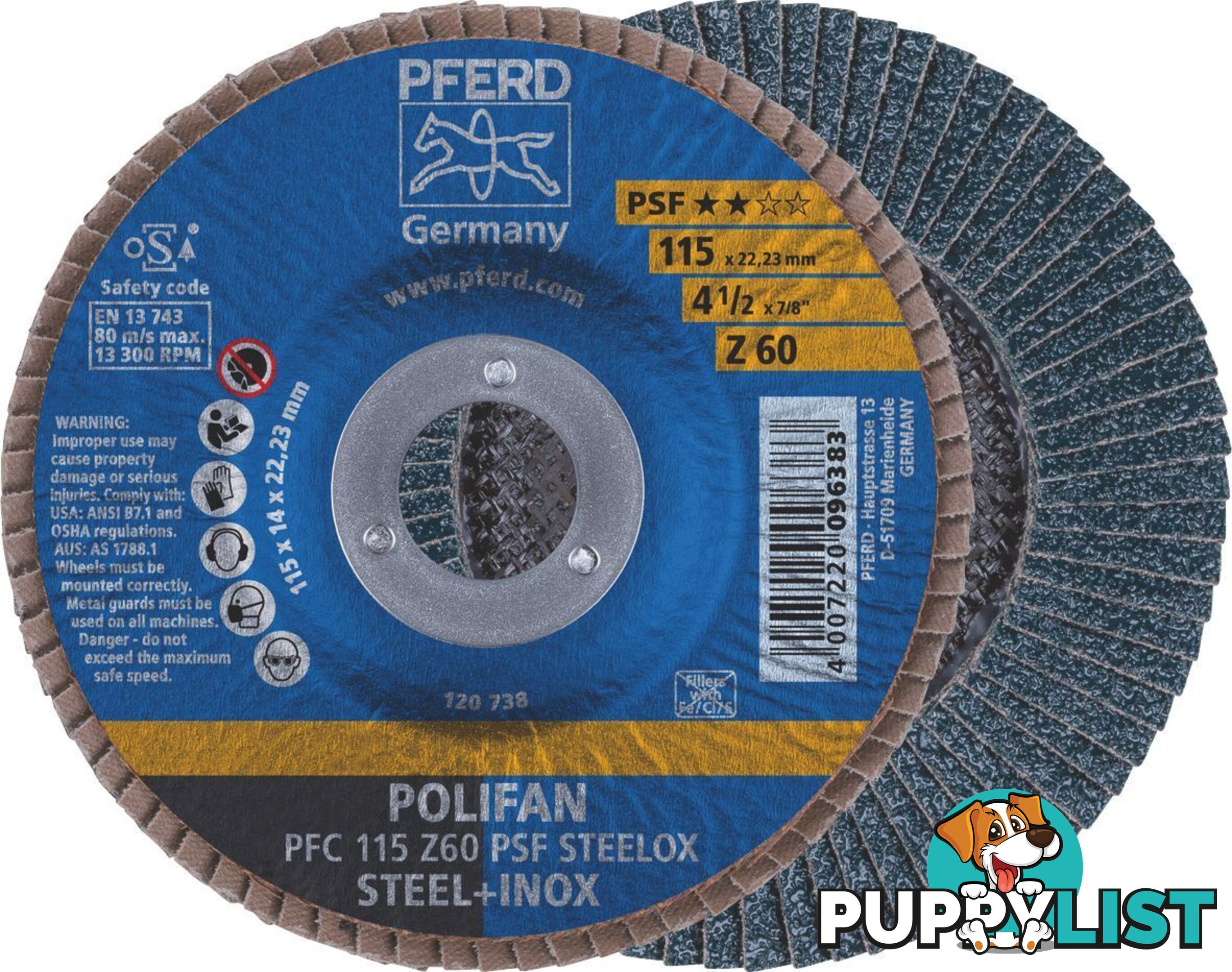 Polifan Flap Disc 115mm 4.5'' 60G GP Inox Zirconia Pferd 67770116 Pack of 5