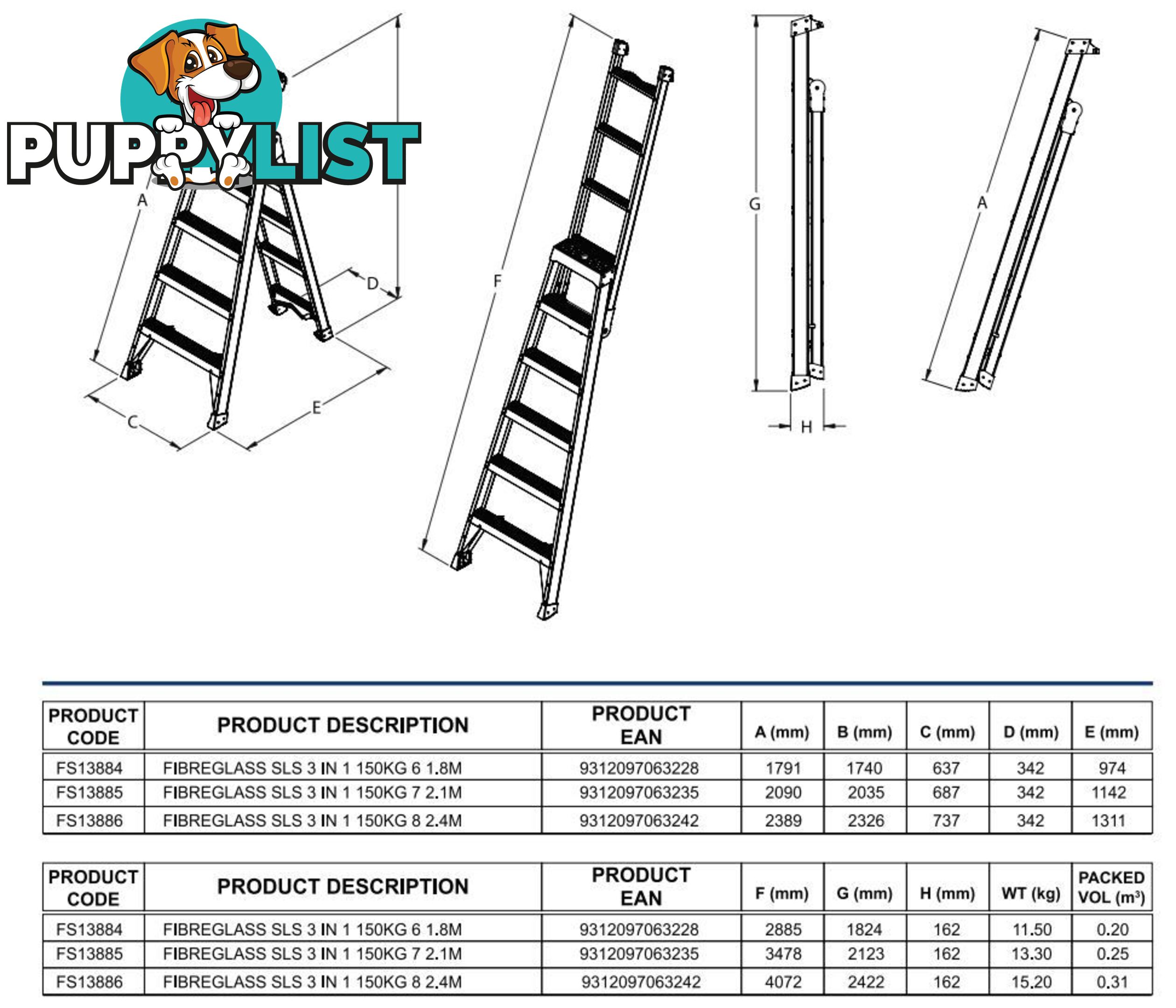 Fibreglass Ladder 2.1 Metres Multipurpose Step/Leaning/Straight Bailey FS13885