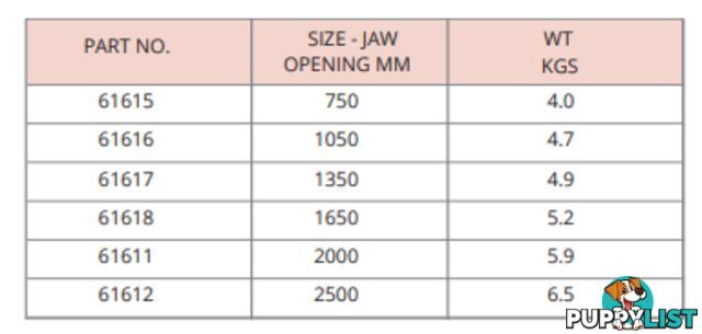 T-Bar (Sash) Cramps - Steel T-Bar Jaw Opening Size 750mm-2500mm