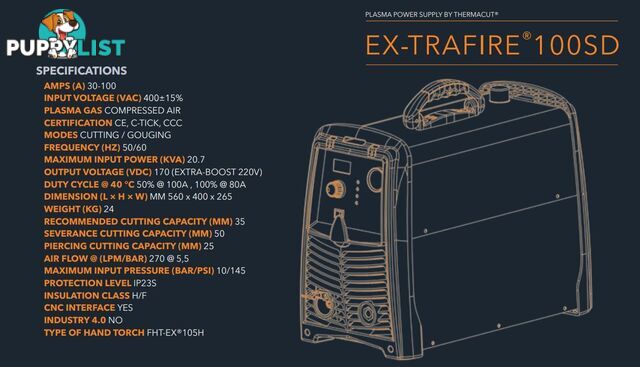 Plasma Cutter 100SD With 8 Metres Hand Torch Ex-Trafire100SD