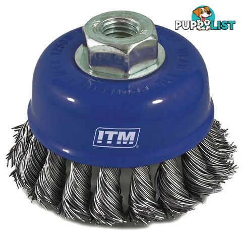 Twist Knot Cup Brush Stainless Steel 75mm With Multi Bore Thread Adaptors ITM TM7000-275