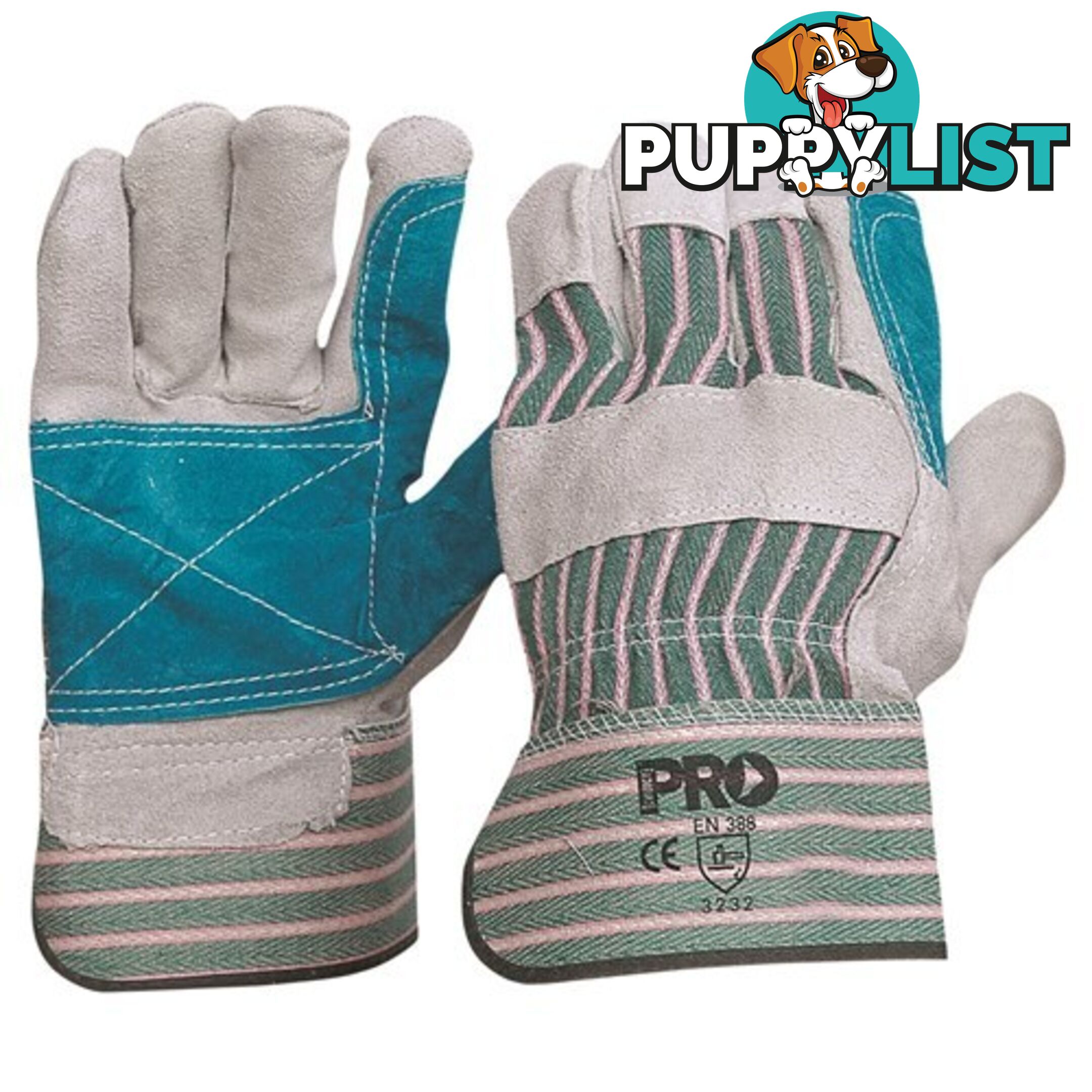 Green & Grey Striped Cotton / Leather Gloves Large Pro Choice R88FG Pack of 2