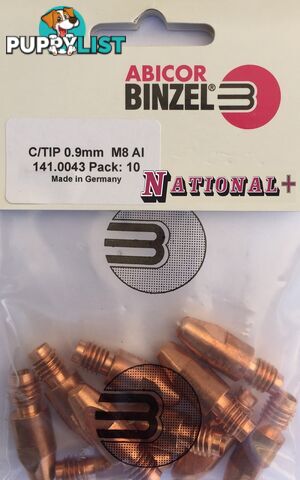 0.9mm Aluminium M8 10mm 30mm Binzel contact tip Pk:10 P141.0043