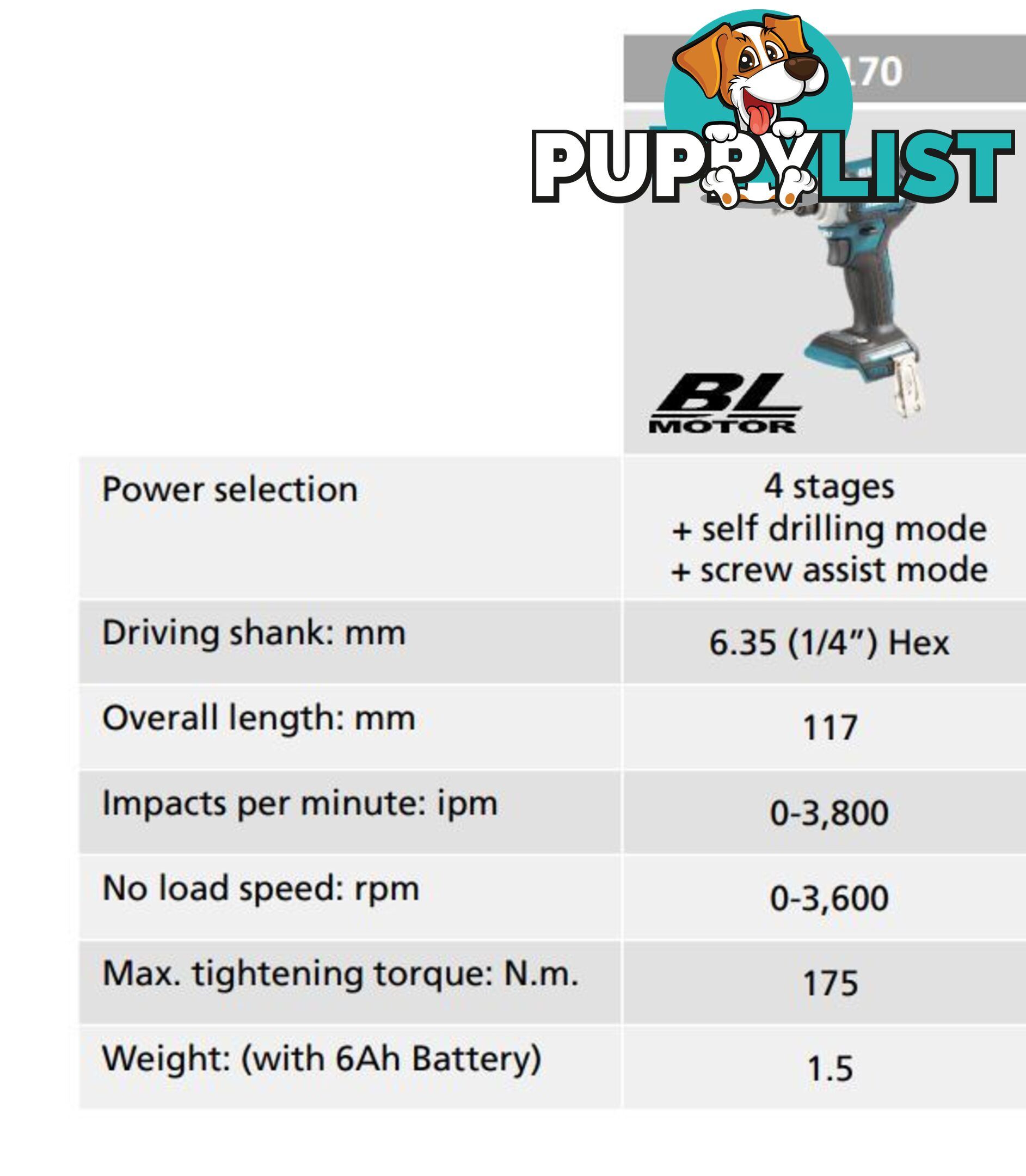 18V Mobile Brushless 4-Stage Impact Driver Skin Only Makita DTD170Z