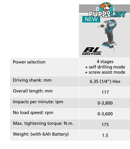 18V Mobile Brushless 4-Stage Impact Driver Skin Only Makita DTD170Z