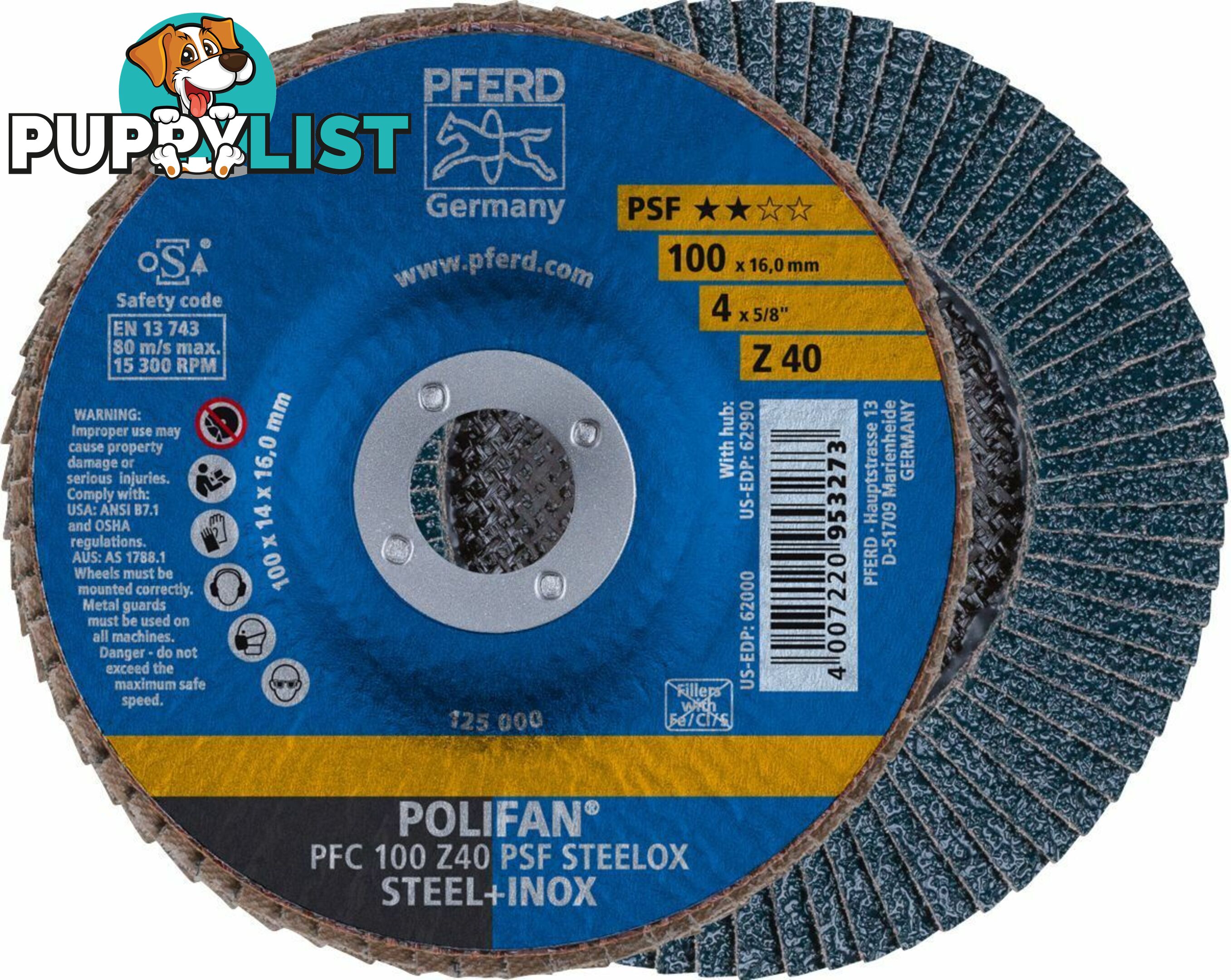 Flap Disc Polifan 100mm 4" 40G GP Zirconia Inox Pferd 67764100 Pack of 5