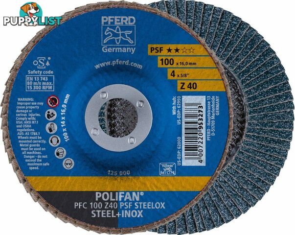 Flap Disc Polifan 100mm 4" 40G GP Zirconia Inox Pferd 67764100 Pack of 5