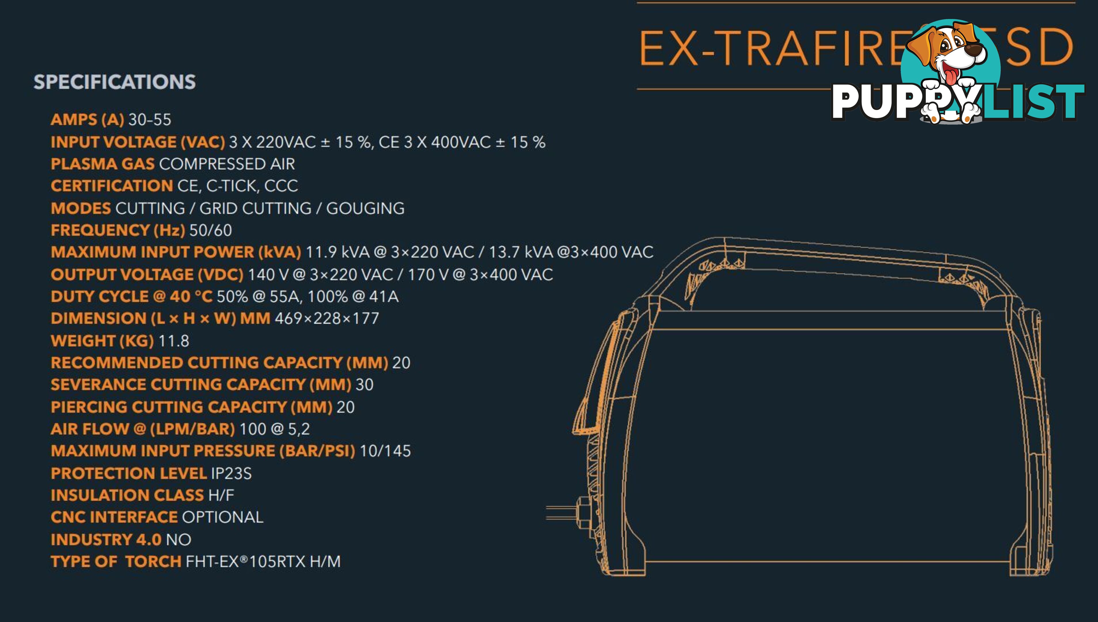 Plasma Cutter 55SD With 15 Metres Hand Held Torch Ex-Trafire EX55SD-H15M