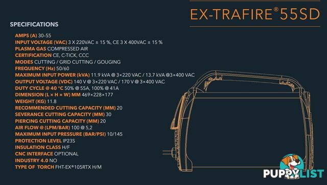 Plasma Cutter 55SD With 15 Metres Hand Held Torch Ex-Trafire EX55SD-H15M