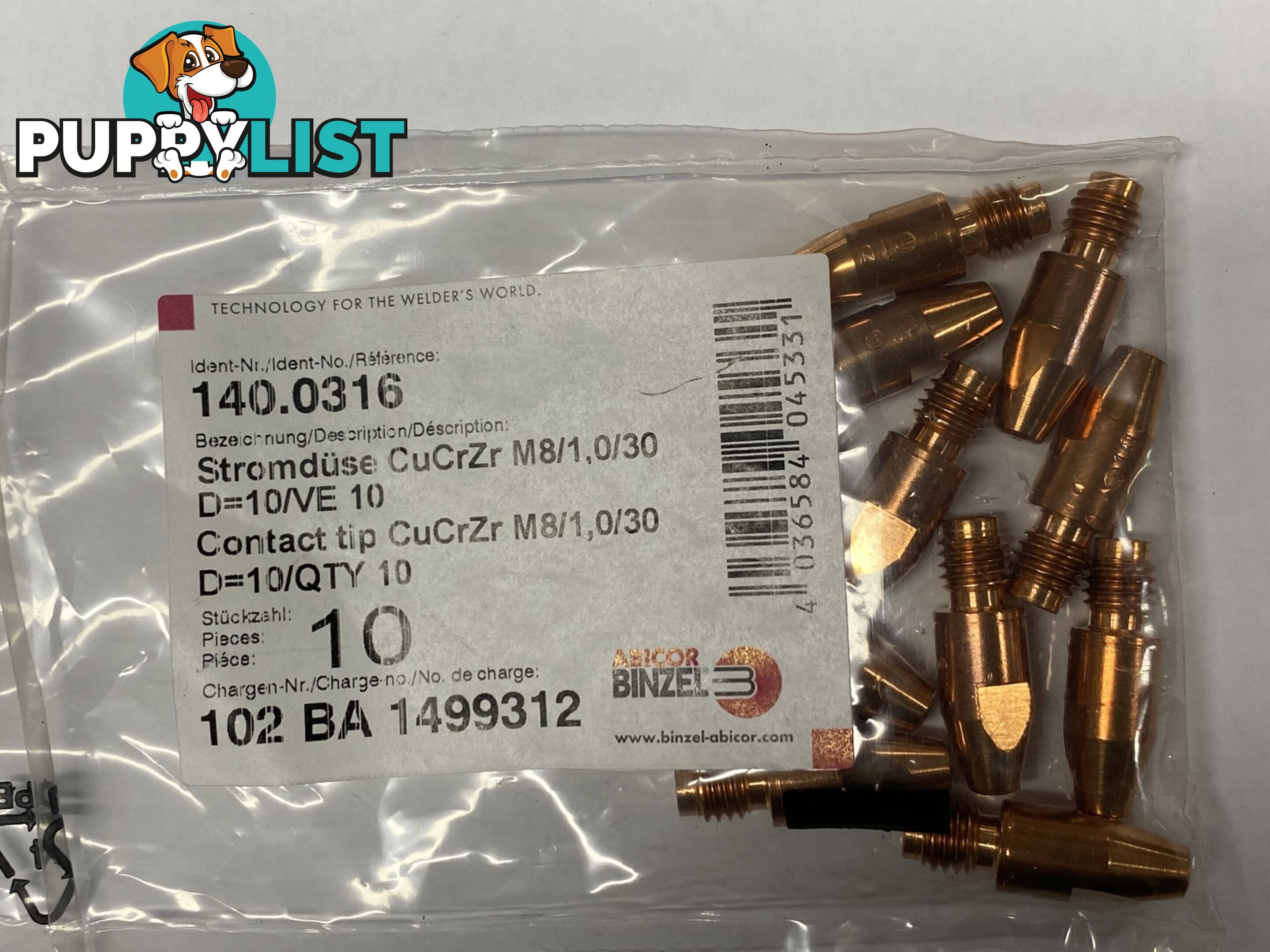 CuCrZr 1.0mm M8 CCZ Contact Tip Heavy Duty Binzel P140.0316 Pkt : 10
