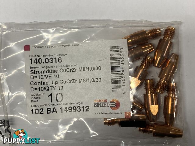 CuCrZr 1.0mm M8 CCZ Contact Tip Heavy Duty Binzel P140.0316 Pkt : 10