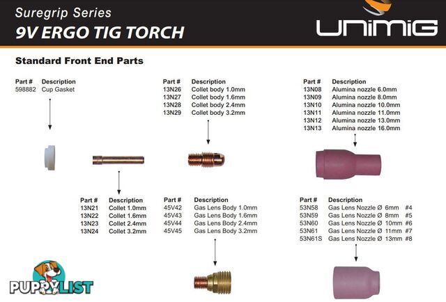 9V TIG Torch 4 Metres 10/25 Type Dinse Unimig 9V-4MCP25