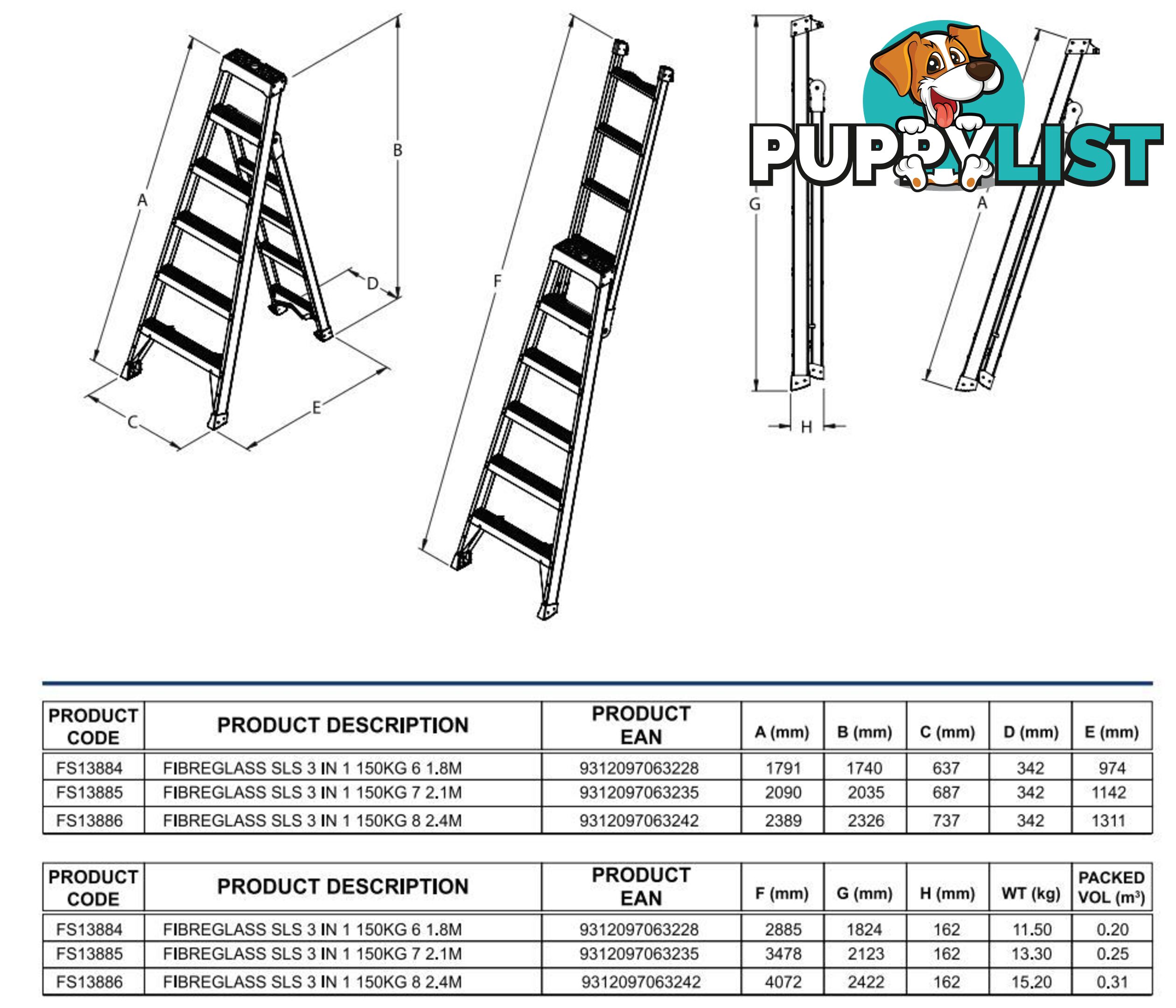 Fibreglass Ladder 2.4 Metres Multipurpose Step/Leaning/Straight Bailey FS13886