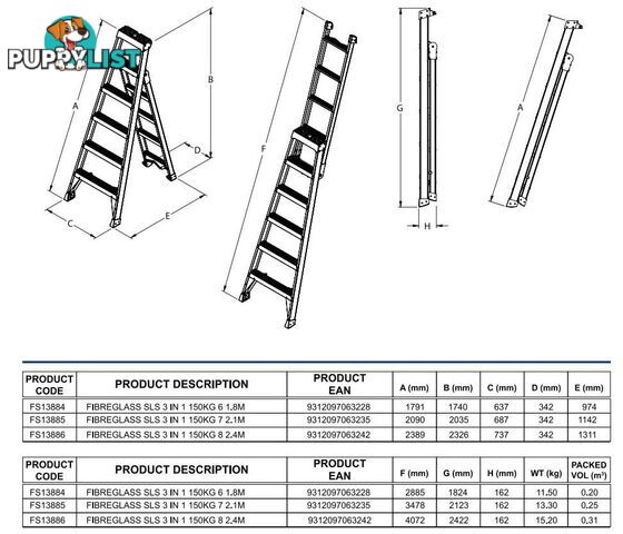 Fibreglass Ladder 2.4 Metres Multipurpose Step/Leaning/Straight Bailey FS13886