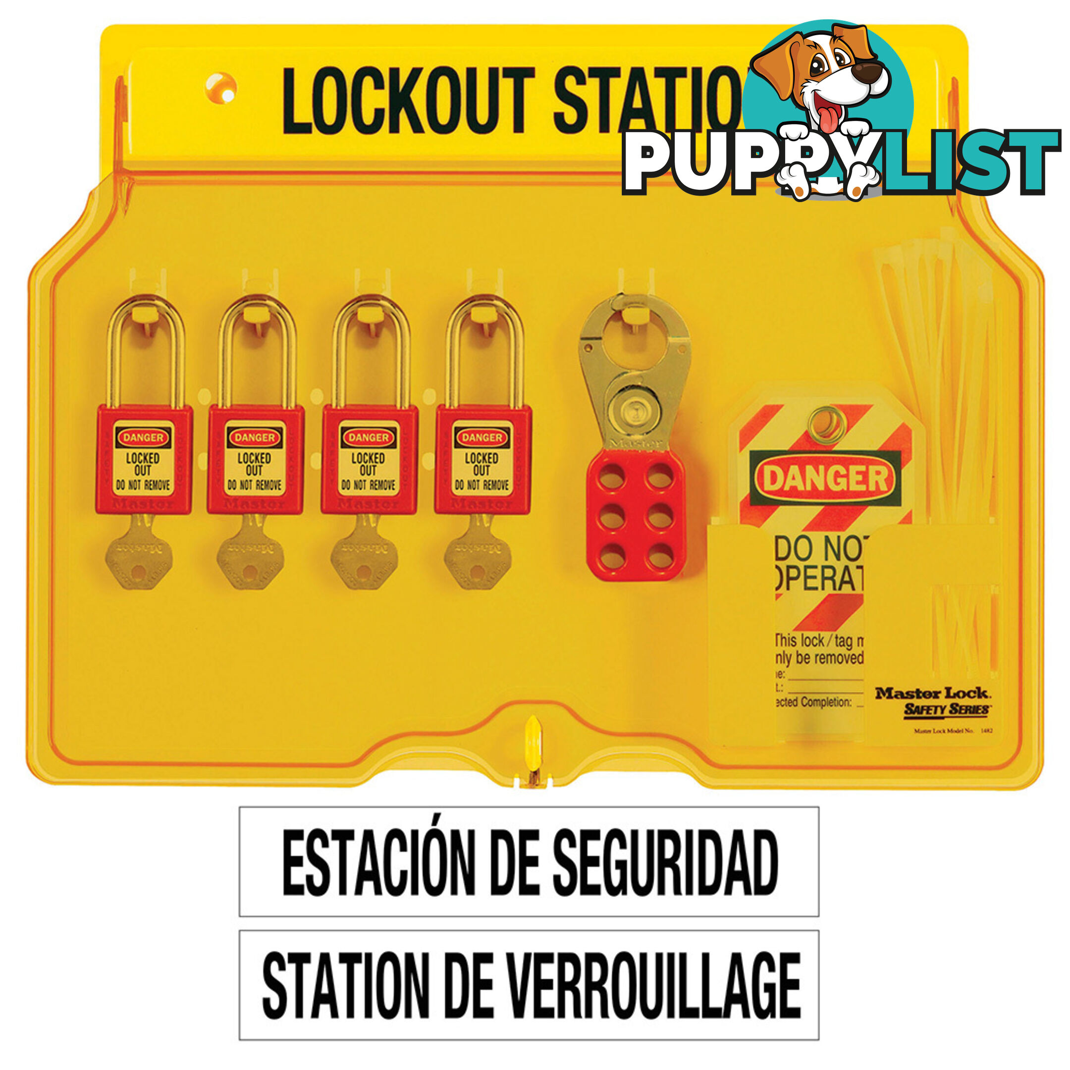 4-Lock Covered Station with 410RED Zenexâ¢ Thermoplastic Padlocks Masterlock 1482BP410