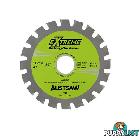 Austsaw - 115mm (4.5in) Rotary Hacksaw Blade - 22.2mm Bore - 20 Teeth RHS11522220