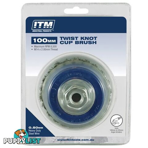 Twist Knot Cup Brush Steel 100mm M14 x 2mm Thread ITM TM7000-100