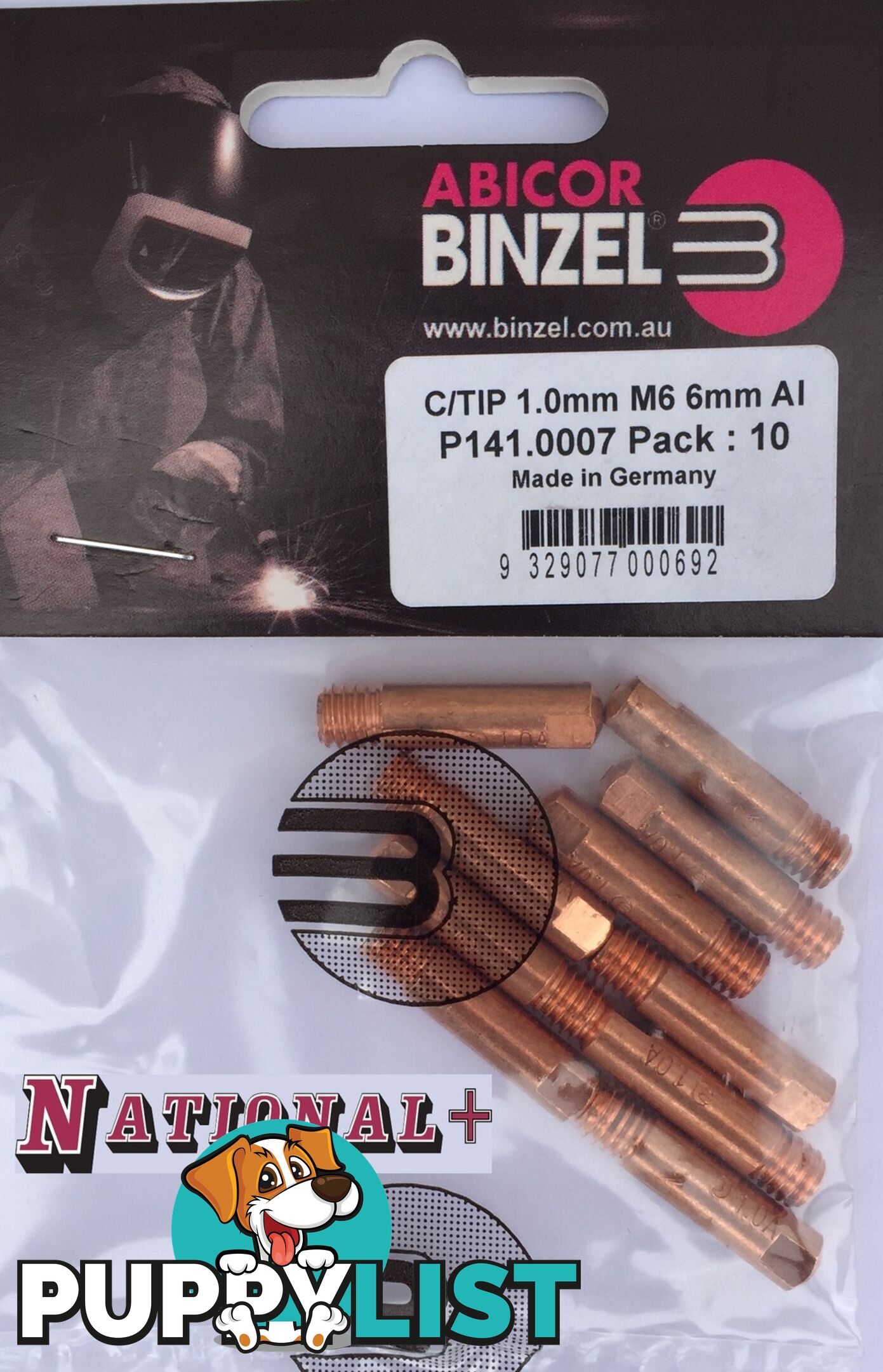 1.0mm Aluminium M6 6mm 25mm Binzel contact tip Pk:10 P141.0007