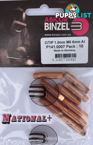 1.0mm Aluminium M6 6mm 25mm Binzel contact tip Pk:10 P141.0007