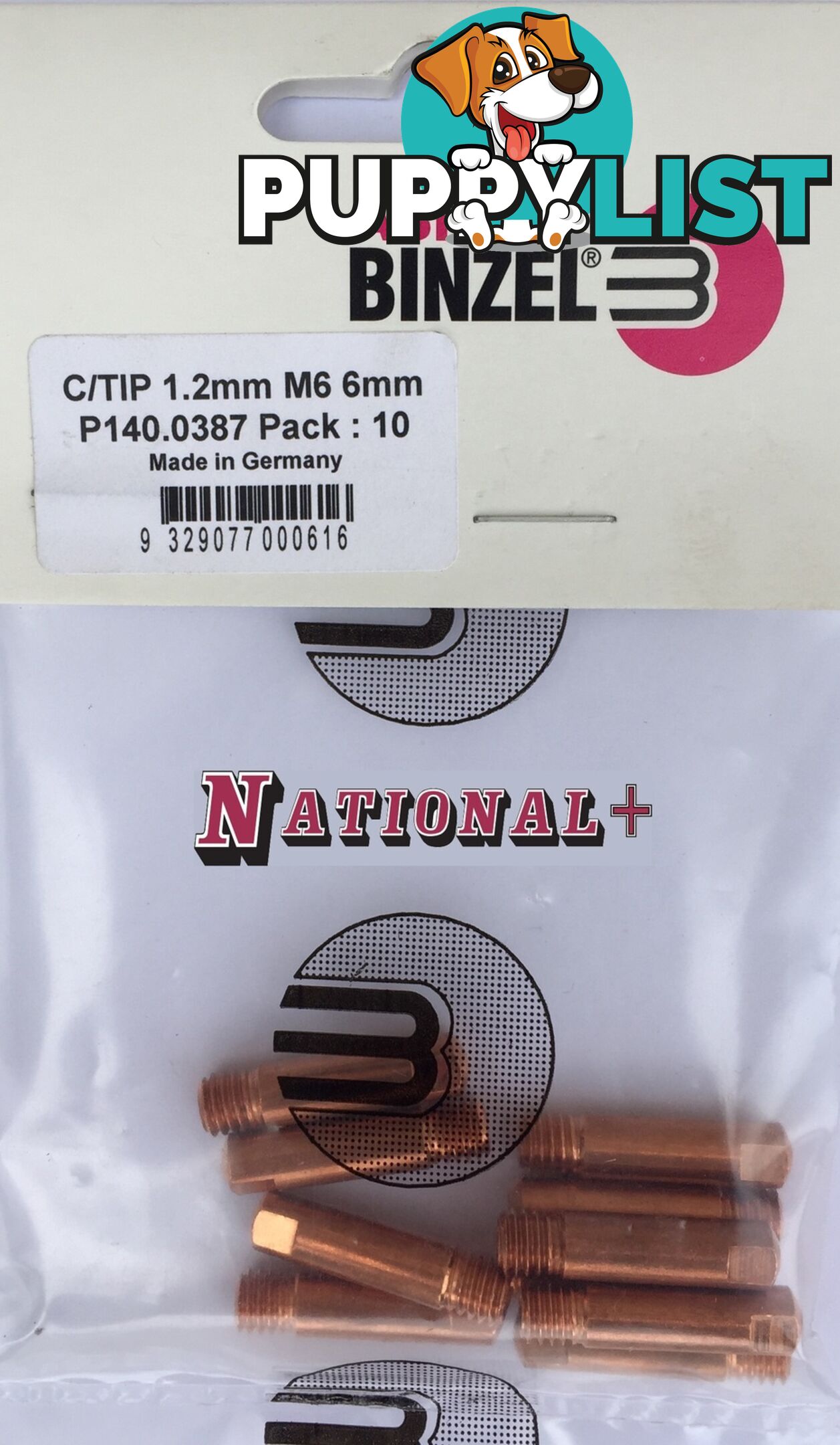 1.0mm Aluminium M6 6mm 25mm Binzel contact tip Pk:10 P141.0007