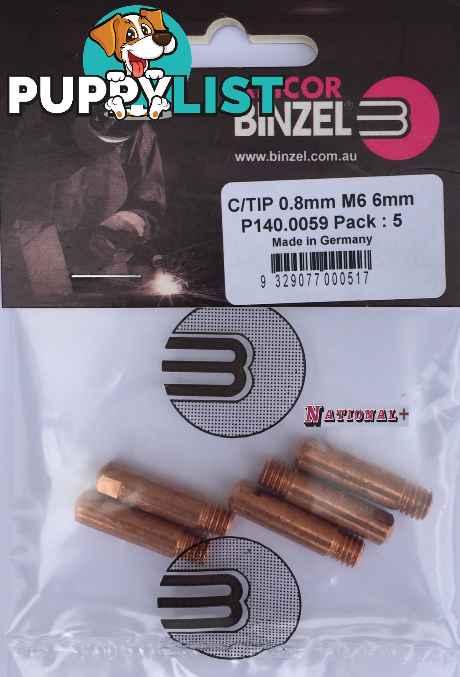 0.9mm Aluminium M6 6mm 25mm Binzel contact tip Pk:10 P141.0005