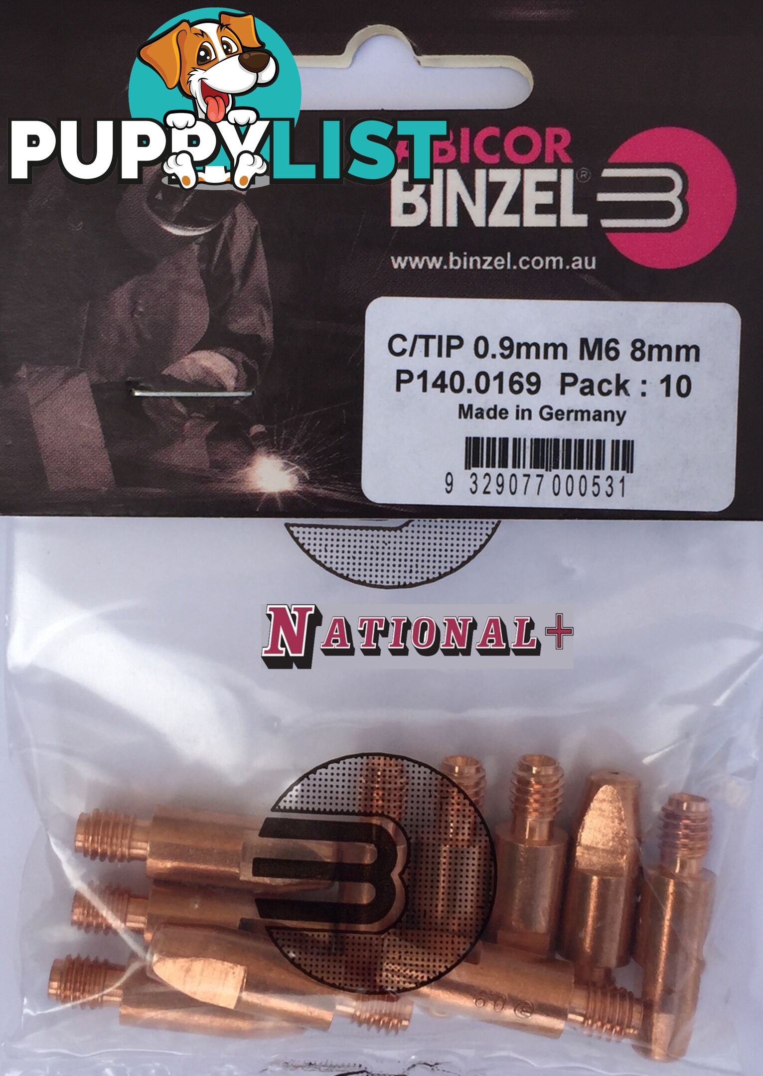 0.9mm Steel M6 8mm 28mm Binzel contact tip Pk:10 P140.0169